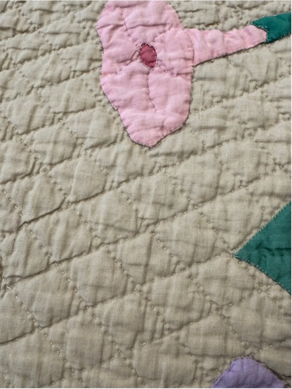 VTG 30’s-40’s Handmade Morning Glory Applique Quilt in Beige Multi 75x97”